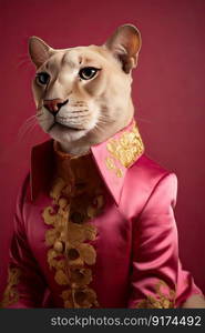 Elegant panter wearing colorful clothes on a pink background. Generative AI