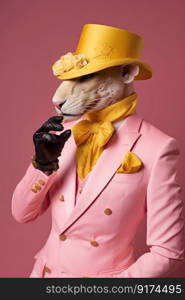 Elegant panter wearing colorful clothes on a pink background. Generative AI