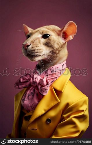 Elegant panter wearing colorful clothes on a pink background. Generative AI