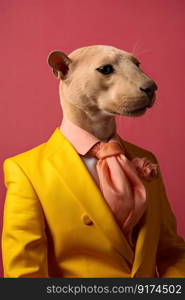 Elegant panter wearing colorful clothes on a pink background. Generative AI