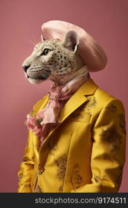 Elegant panter wearing colorful clothes on a pink background. Generative AI