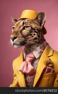 Elegant panter wearing colorful clothes on a pink background. Generative AI