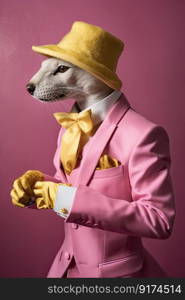 Elegant panter wearing colorful clothes on a pink background. Generative AI