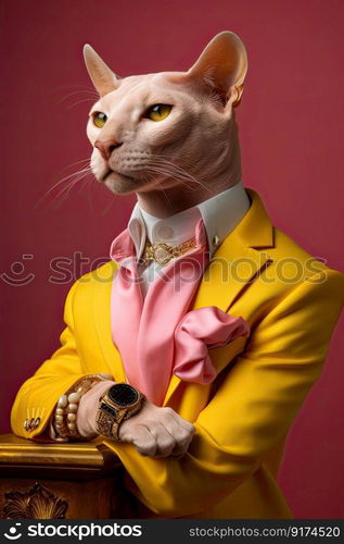 Elegant panter wearing colorful clothes on a pink background. Generative AI