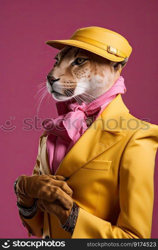 Elegant panter wearing colorful clothes on a pink background. Generative AI