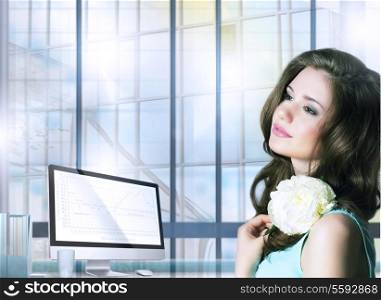 Elegant Pensive Woman with Flower in Office Space