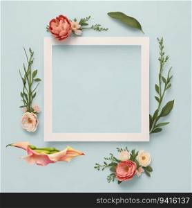 Elegant Photo Frame with Delicate Flowers on Light Blue Background. Generative AI.