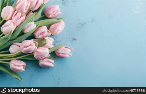 Elegant pink tulips against a vibrant blue background, embodying delicate beauty and contrast. AI Generative. Elegant pink tulips against a vibrant blue background. AI Generative