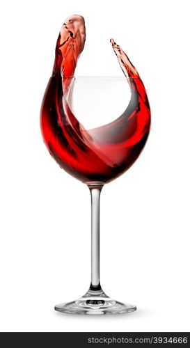 Elegant red wine splashing in wineglass isolated on white