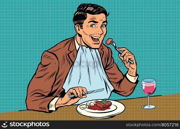 Elegant retro man eats in the restaurant and drinking wine, pop art retro comic book illustration