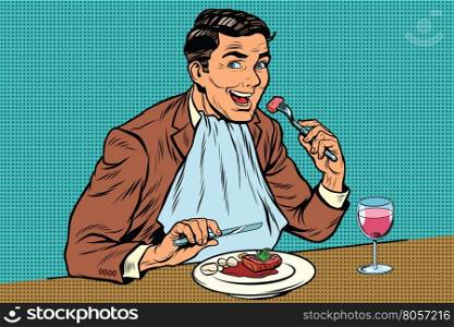 Elegant retro man eats in the restaurant and drinking wine, pop art retro comic book illustration