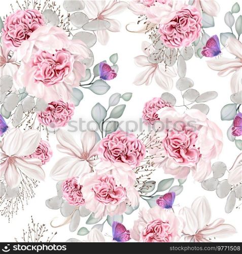Elegant seamless pattern with peonies, roses and eucalyptus leaves. Illustration. Elegant seamless pattern with peonies, roses and eucalyptus leaves. 