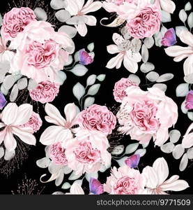 Elegant seamless pattern with peonies, roses and eucalyptus leaves. Illustration. Elegant seamless pattern with peonies, roses and eucalyptus leaves. 