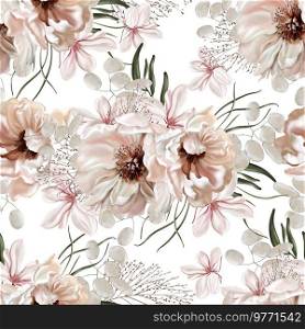 Elegant seamless pattern with peonies, roses and eucalyptus leaves. Illustration. Elegant seamless pattern with peonies, roses and eucalyptus leaves. 