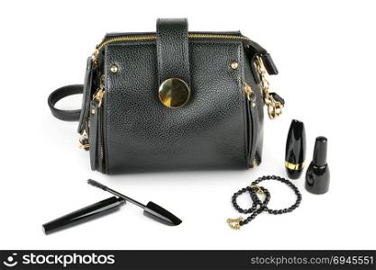 Elegant set of accessory for women. Bag, cosmetics and beads isolated on white background
