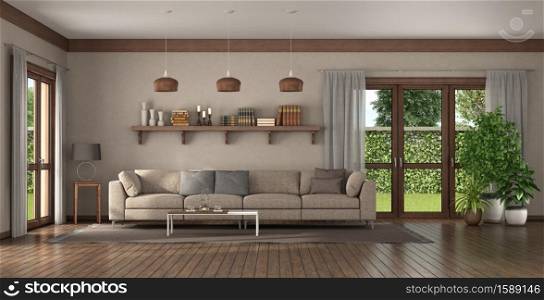 Elegant sofa in a large living room with wooden shelf with books on background - 3d rendering. Elegant sofa in a large living room