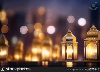 elegant table decorated with lanterns and candles creates a warm and welcoming atmosphere for the Muslim feast of Eid al-Fitr. Ai Generative