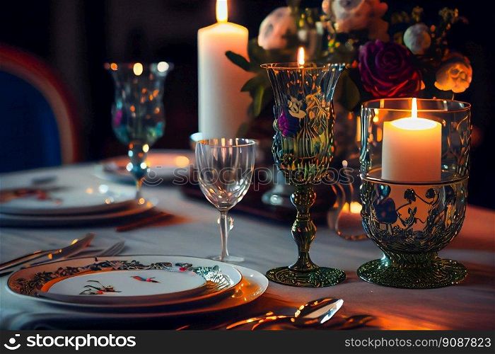 Elegant table set for a romantic dinner.  Generative AI 