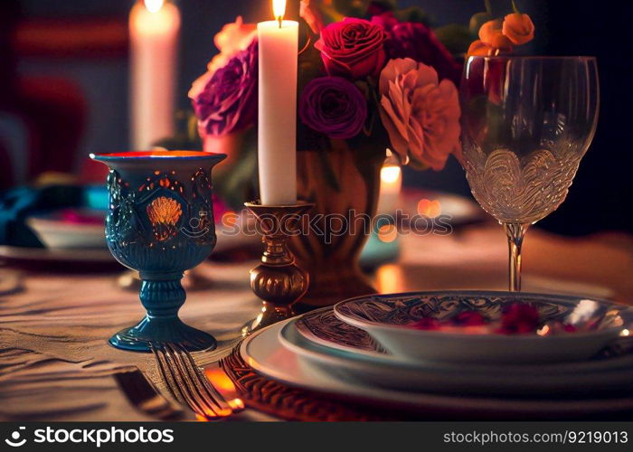 Elegant table set for a romantic dinner.  Generative AI
