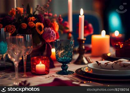 Elegant table set for a romantic dinner.  Generative AI 