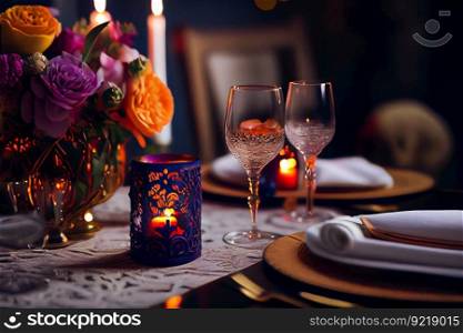 Elegant table set for a romantic dinner.  Generative AI
