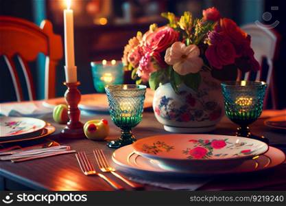 Elegant table set for a romantic dinner.  Generative AI
