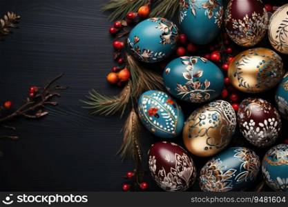 Elegant traditional spring decoration adorned with Easter eggs. Generative AI.