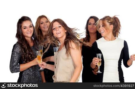 Elegant women celebrating christmas dancing in the party isolated on a white background