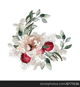  Elegant wreath with peonies, roses and eucalyptus leaves. Illustration.  Elegant wreath with peonies, roses and eucalyptus leaves. 