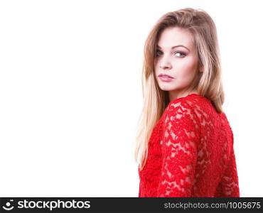 Elegant young woman wearing red lace top. Female presentig stylish fashionable outfit.. Elegant young woman wearing red top