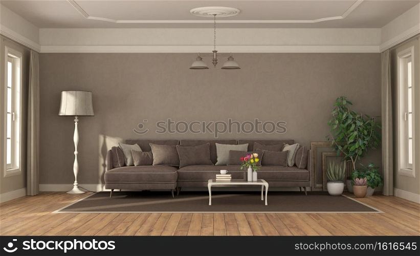 Elegnat brown living room with large sofa and coffee table - 3d rendering. Elegnat brown living room with large sofa