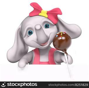 Elephant  baby girl cartoon with poster, holding cake pop, isolated 3d rendering