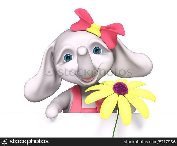 Elephant  baby girl cartoon with poster, holds chamomile in hands, isolated 3d rendering 
