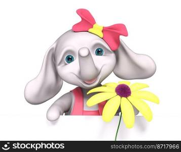 Elephant  baby girl cartoon with poster, holds chamomile in hands, isolated 3d rendering 