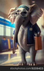 Elephant Returning from Holiday, Wearing Sunglasses with a Backpack and a Boarding Pass in the Airport. Generative ai. High quality illustration. Elephant Returning from Holiday, Wearing Sunglasses with a Backpack and a Boarding Pass in the Airport. Generative ai