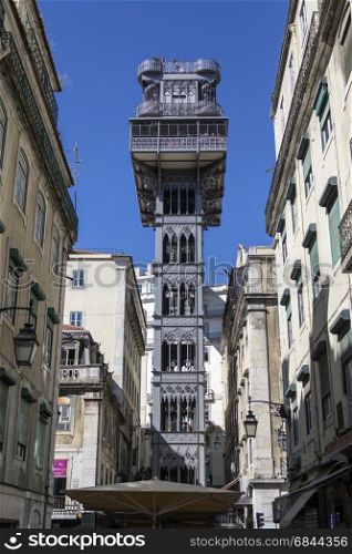Elevador de Santa Justa in the city of Lisbon in Portugal (also known as Elevador do Carmo). Situated at the end of Rua de Santa Justa, it connects the lower streets of the Baixa with the higher Largo do Carmo (Carmo Square).