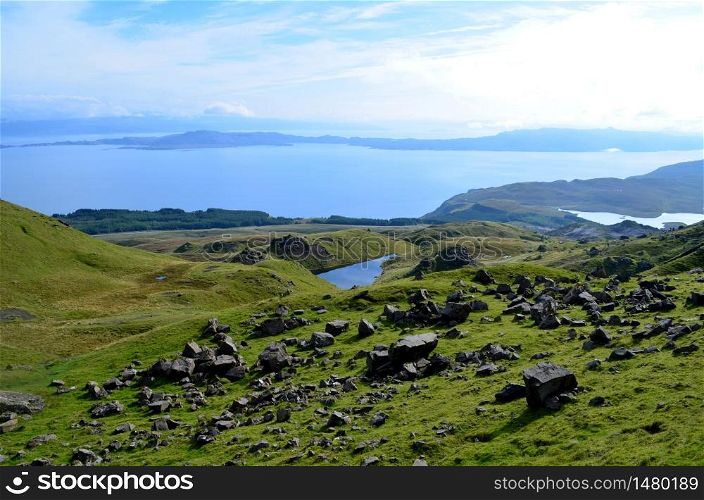 Elevated lakes as seen from the Old Man of Storr in Scotland.