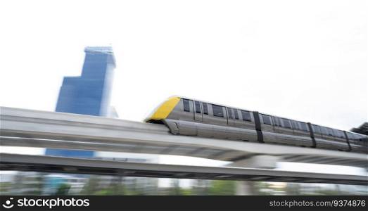 Elevated monorail train fast move on rail. Public transit monorail. Modern mass transit. Rail transportation. Driverless straddle monorail. Monorail technology. Rapid transit in city. Urban transport.