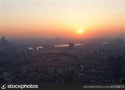 Elevated, sunset view of Seoul city, Korea