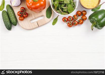 elevated view fresh vegetables white wooden desk. High resolution photo. elevated view fresh vegetables white wooden desk. High quality photo