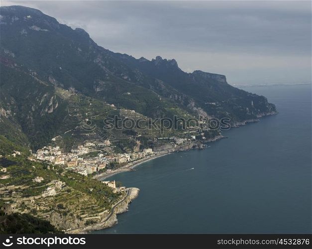 Elevated view of a town at coast, Ravello, Amalfi Coast, Salerno, Campania, Italy