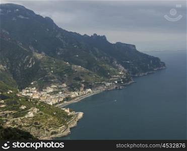 Elevated view of a town at coast, Ravello, Amalfi Coast, Salerno, Campania, Italy