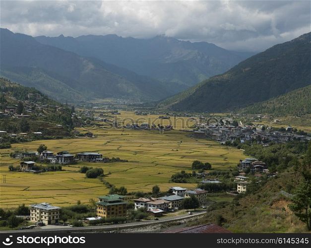 Elevated view of a town, Paro, Paro District, Paro Valley, Bhutan