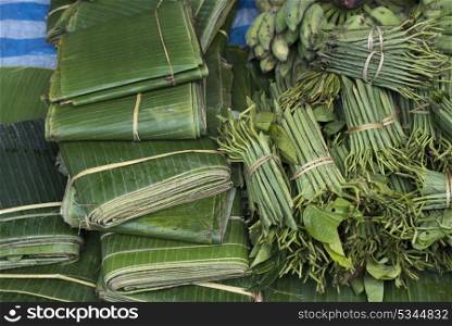 Elevated view of banana and betel leaves for sale, Luang Prabang, Laos