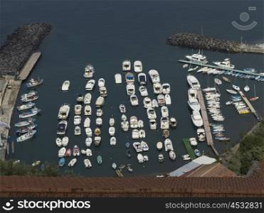 Elevated view of boats at harbor, Amalfi Coast, Salerno, Campania, Italy
