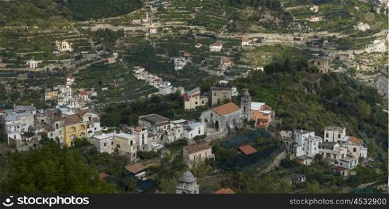 Elevated view of buildings in a town, Ravello, Amalfi Coast, Salerno, Campania, Italy