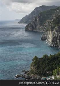 Elevated view of coast, Amalfi Coast, Salerno, Campania, Italy