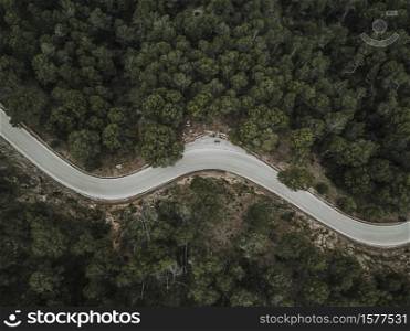 Elevated view of empty curve road through forest