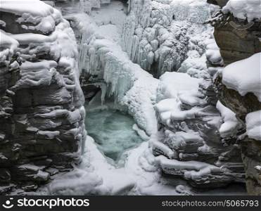 Elevated view of frozen falls, Athabasca Falls, Jasper, Jasper National Park, Alberta, Canada