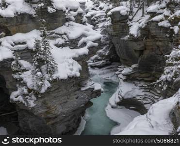Elevated view of frozen falls, Athabasca Falls, Jasper, Jasper National Park, Alberta, Canada
